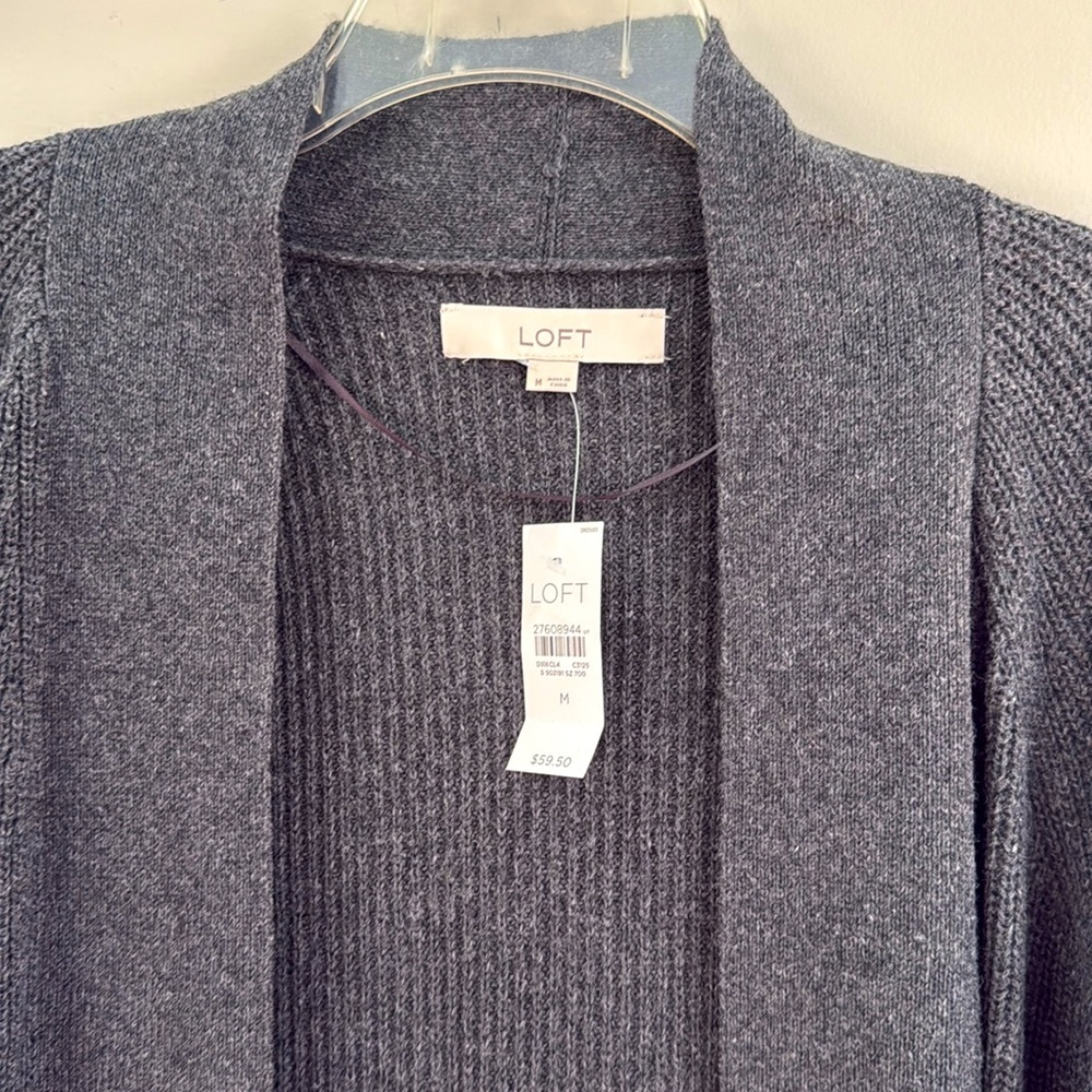 NWT LOFT Open Front Dk. Charcoal Ribbed Cardigan - Size M - Picture 3 of 6